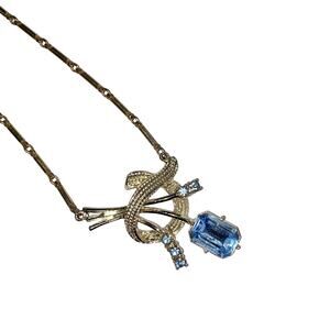 Vintage Silvertone Necklace Aqua Blue Center Stone, Rhinestones, 1950's 15" Long